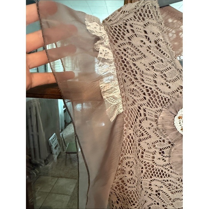 Pretty Angel Taupe Lace Beaded Boho Flutter Sleeve Top Large Womens Romantic
