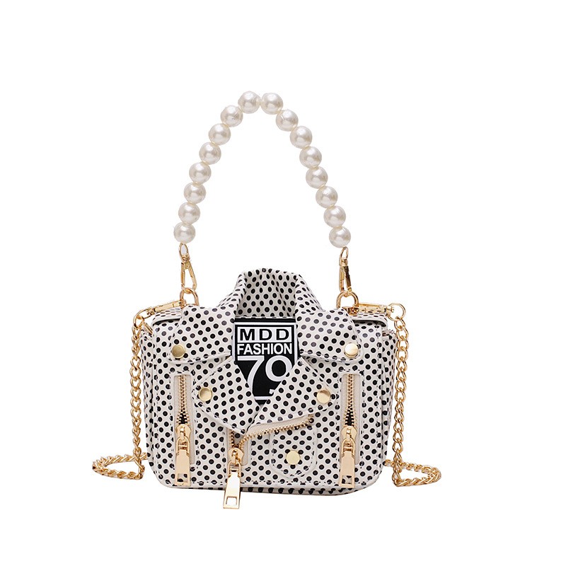 Novelty Jacket Shaped Handbag Black Polka Dot Faux Leather Pearl Strap Purse