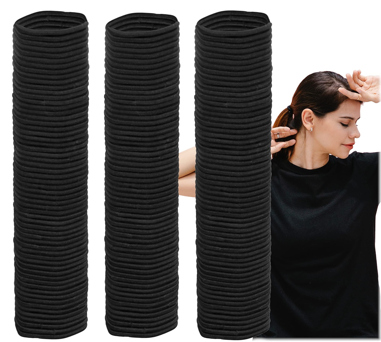 Nonmetal Elastic Hair Ties Black 4mm Thick 180count Soft Stretchy & Durable Bu