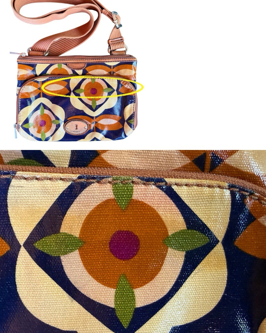 Fossil Key-Per Crossbody Bag Coated Canvas Navy Orange Floral Print Leather Trim