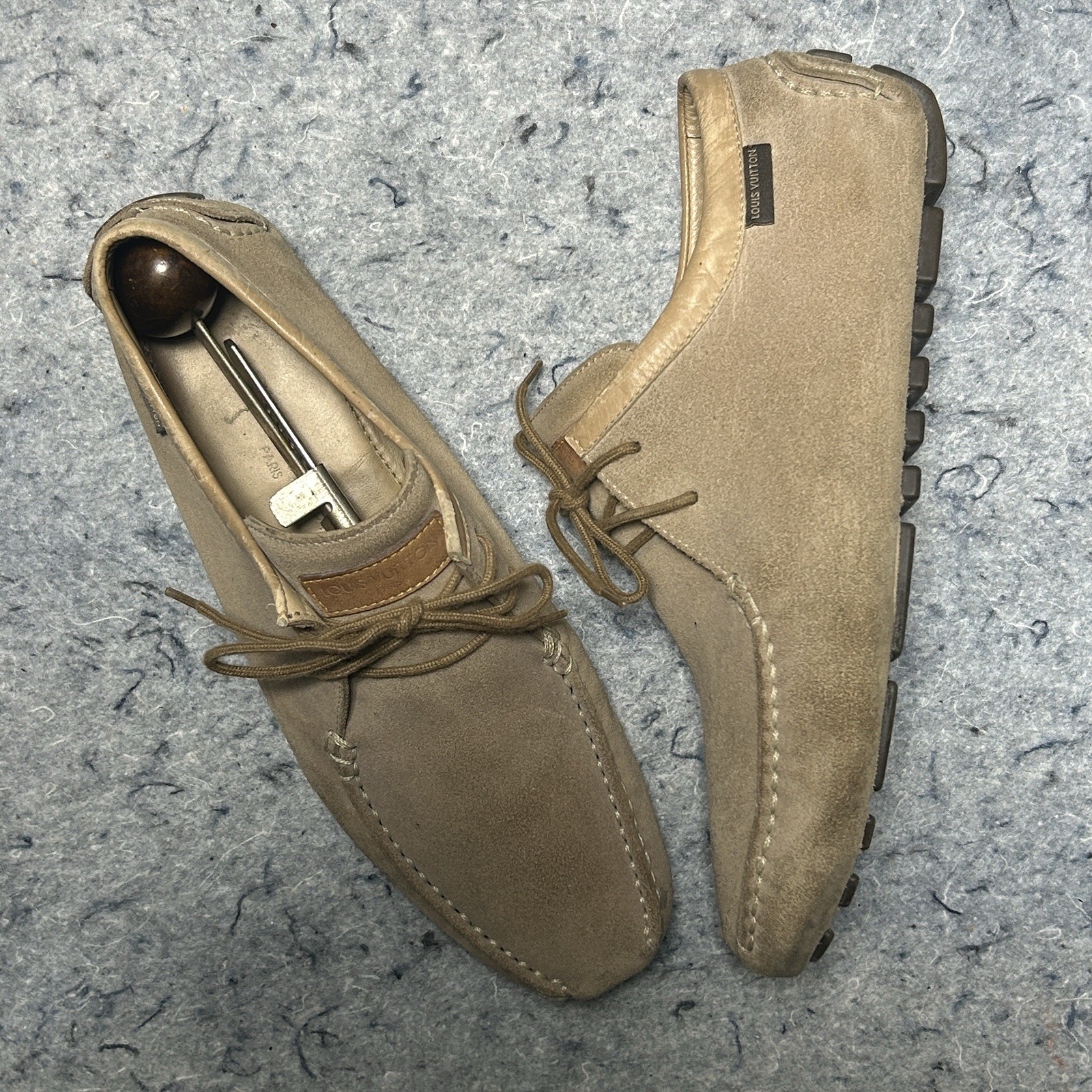 Louis Vuitton Suede TD0053 Shoes Tan Beige Size 38 Made in Italy LV