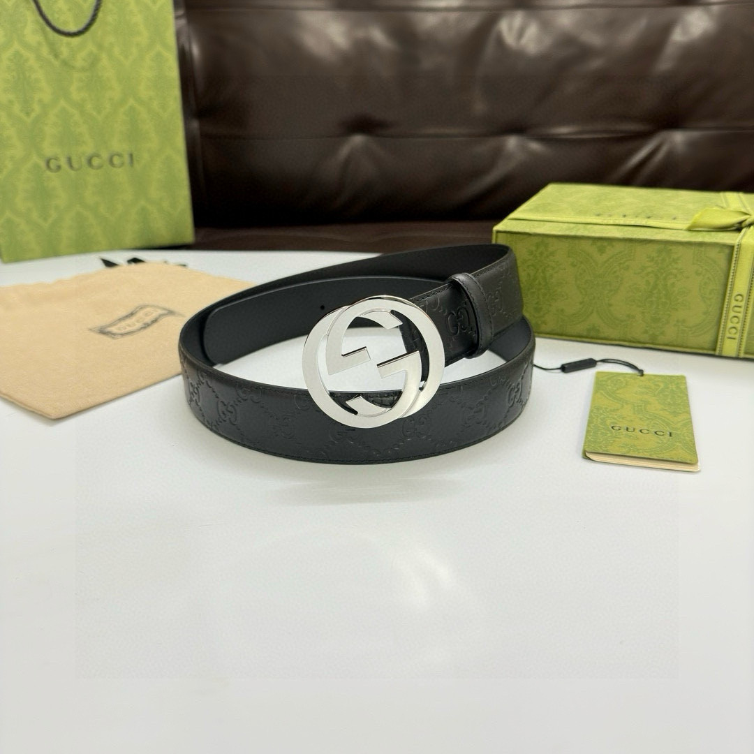 Gucci Interlocking G Buckle Embossed Leather Belt (Men’s, Silver Buckle,105cm)