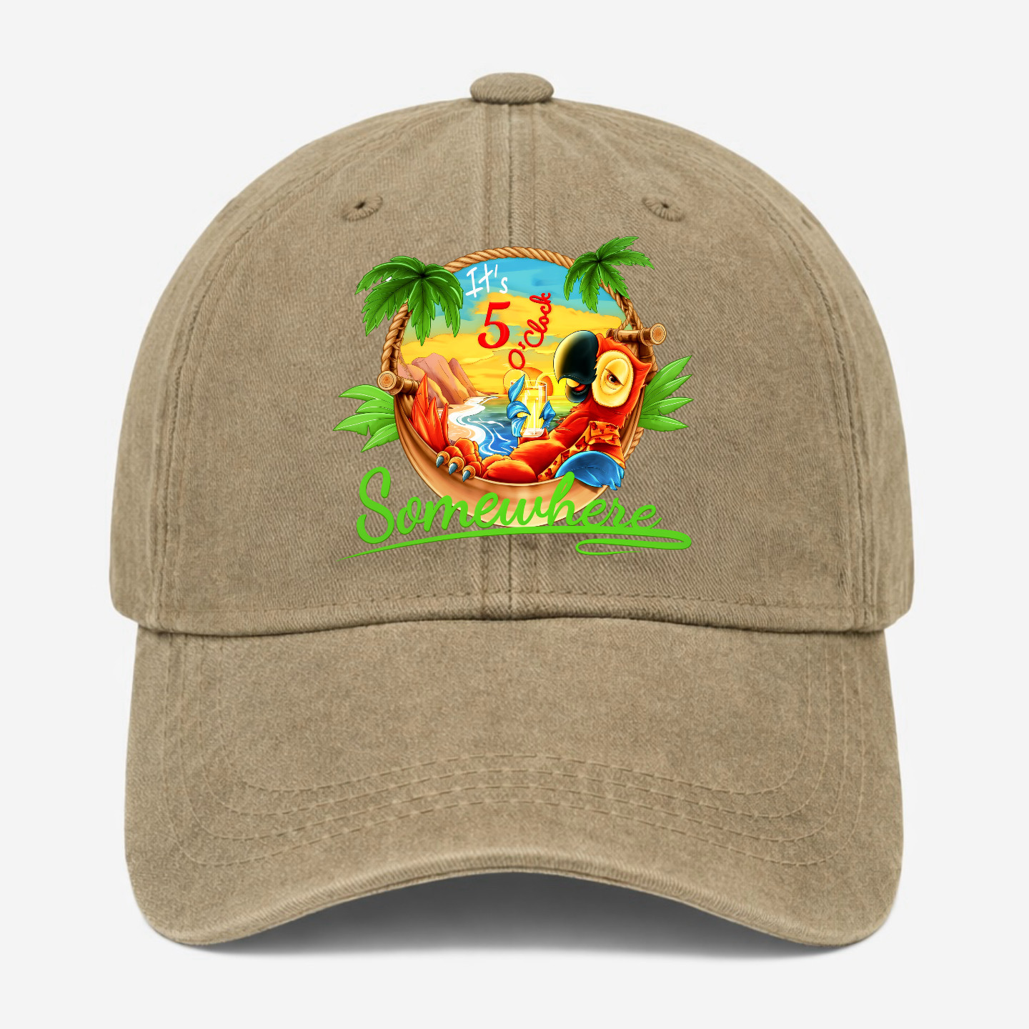Funny Beach Vacation Parrot Hat It’s 5 O’Clock Somewhere Tropical Baseball Cap