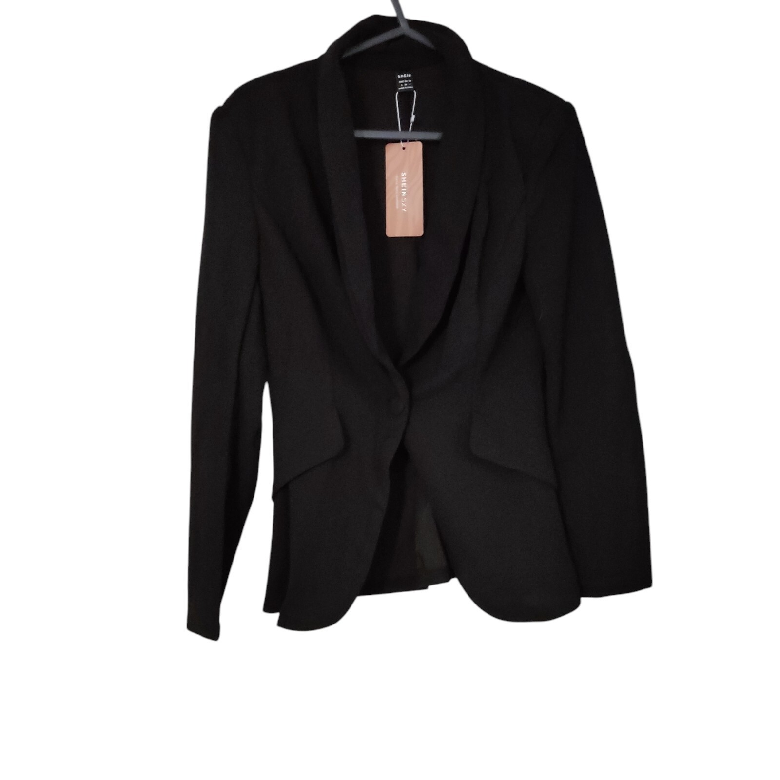 shein women blazer black button up long sleeve collared lapel pockets size S
