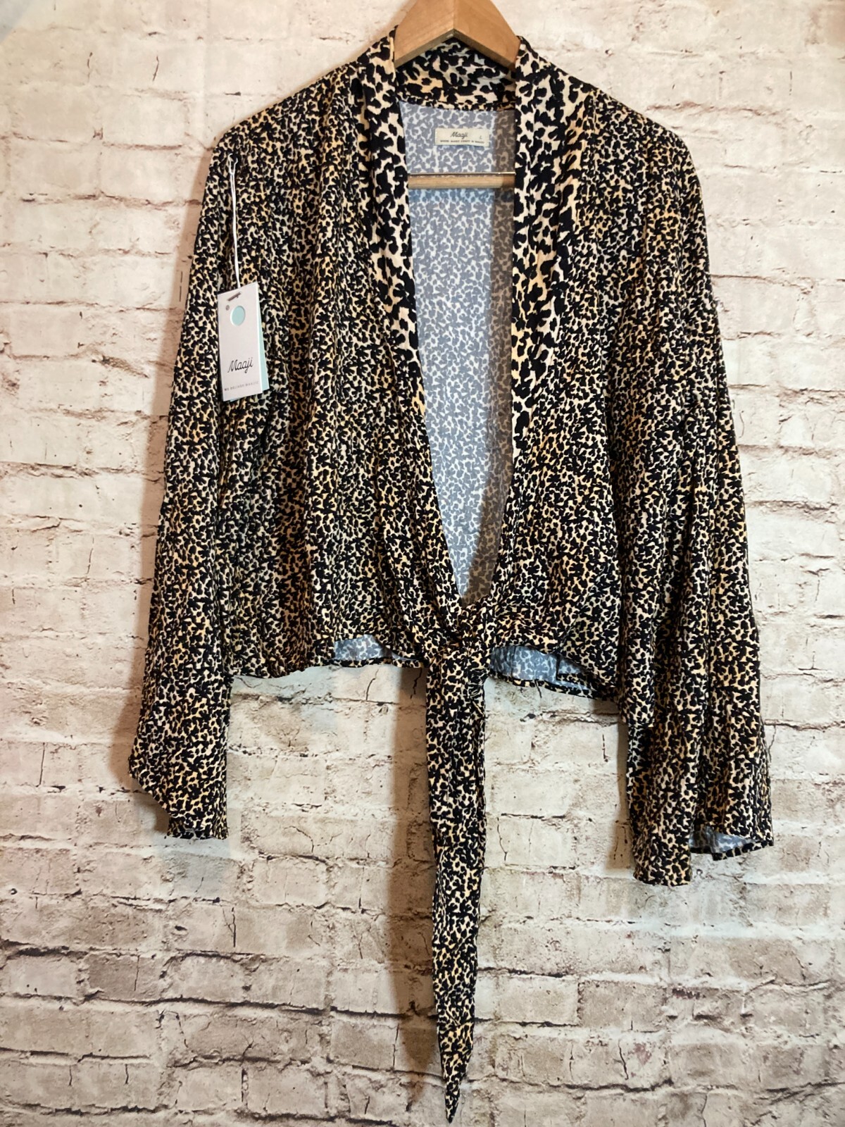 NEW Maaji Crop Top Large Brown Cheetah Leopard Tie Front Flared Sleeve Boho