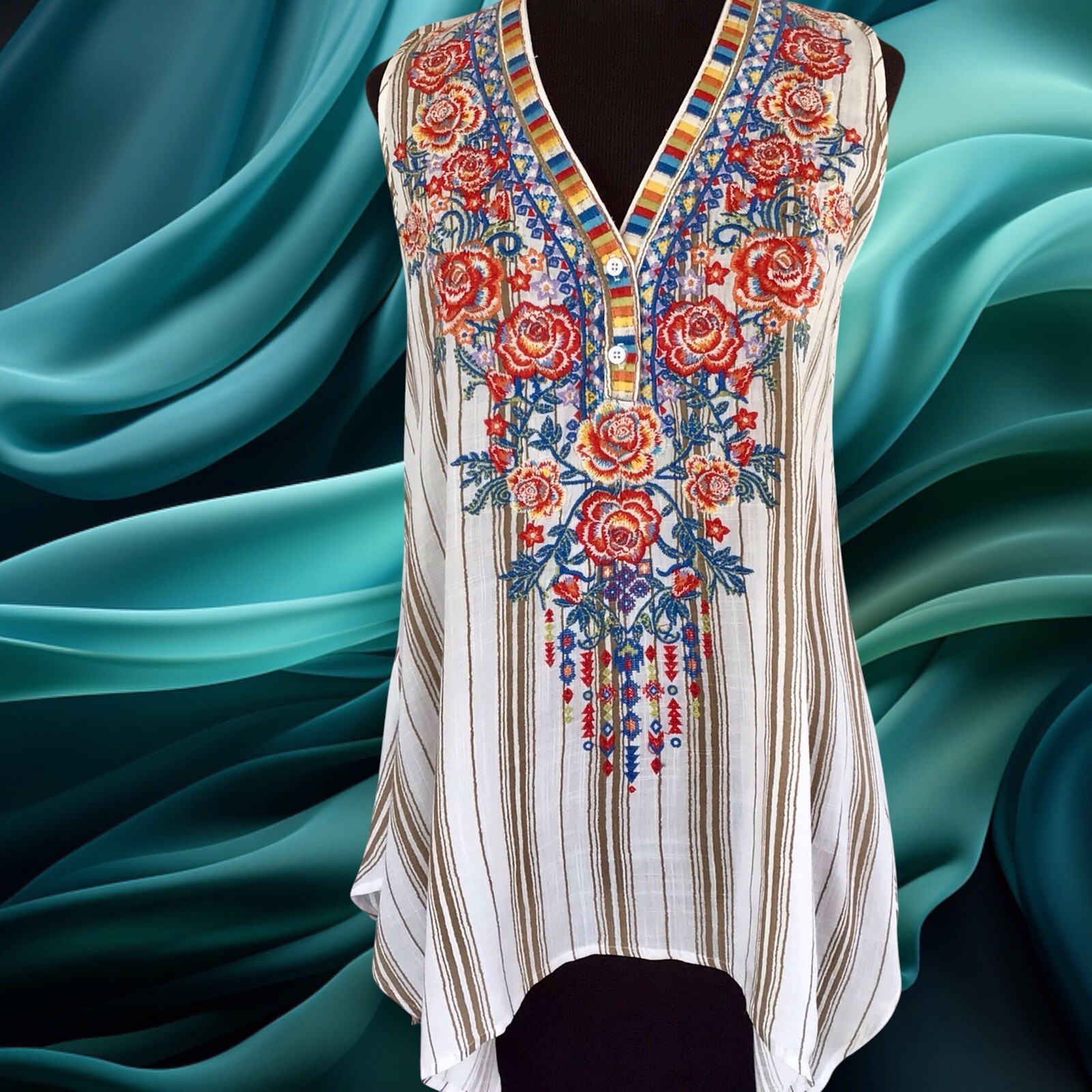 SAVANNA JANE(S)Sleeveless Top COLORFUL EMBROIDERY Front & Back NEW W/TAGS! 15.99