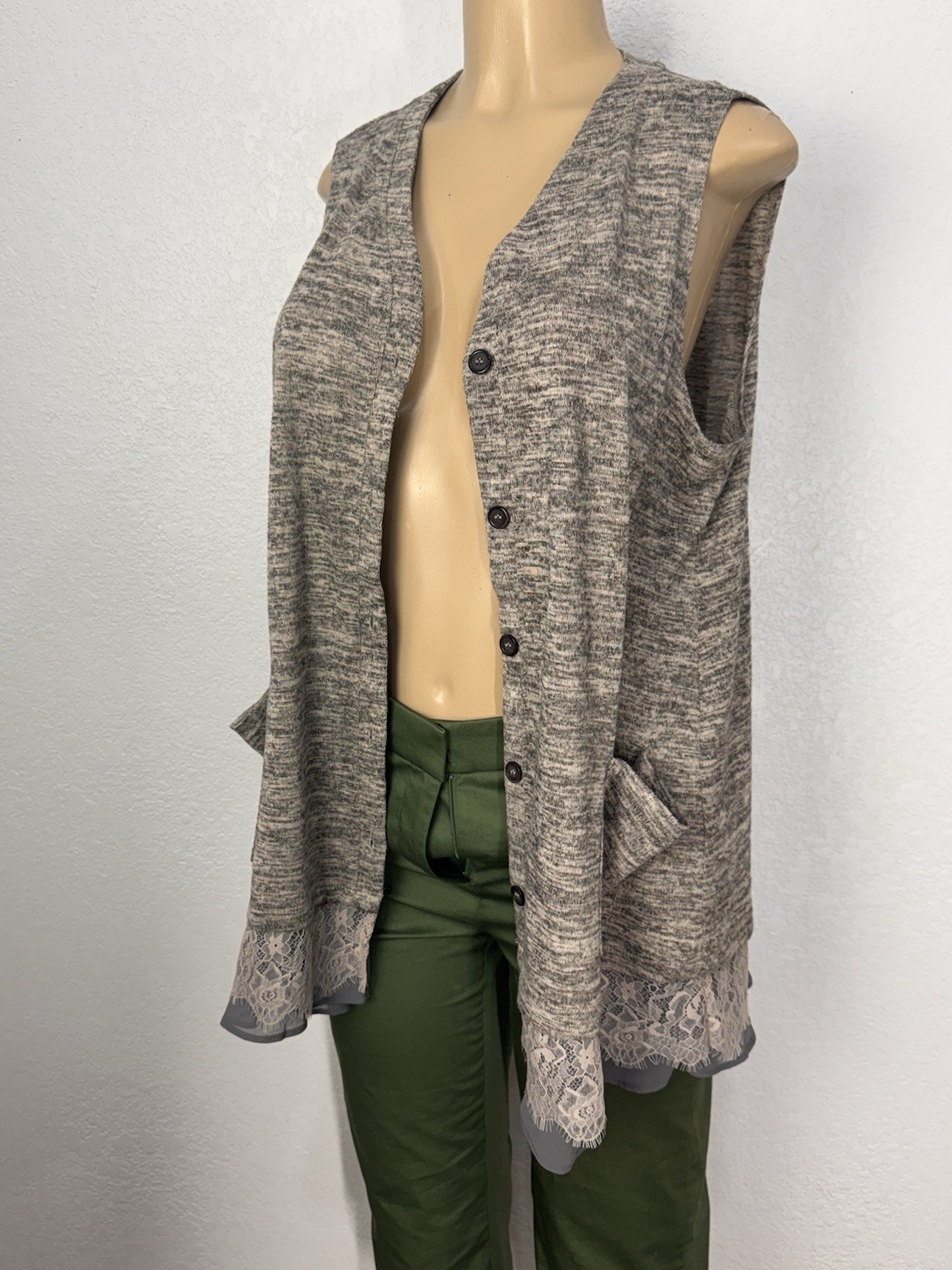 LOGO Marl Lace Hems Insert, Button Front Cardigan Stretch Women Size LCasual Top