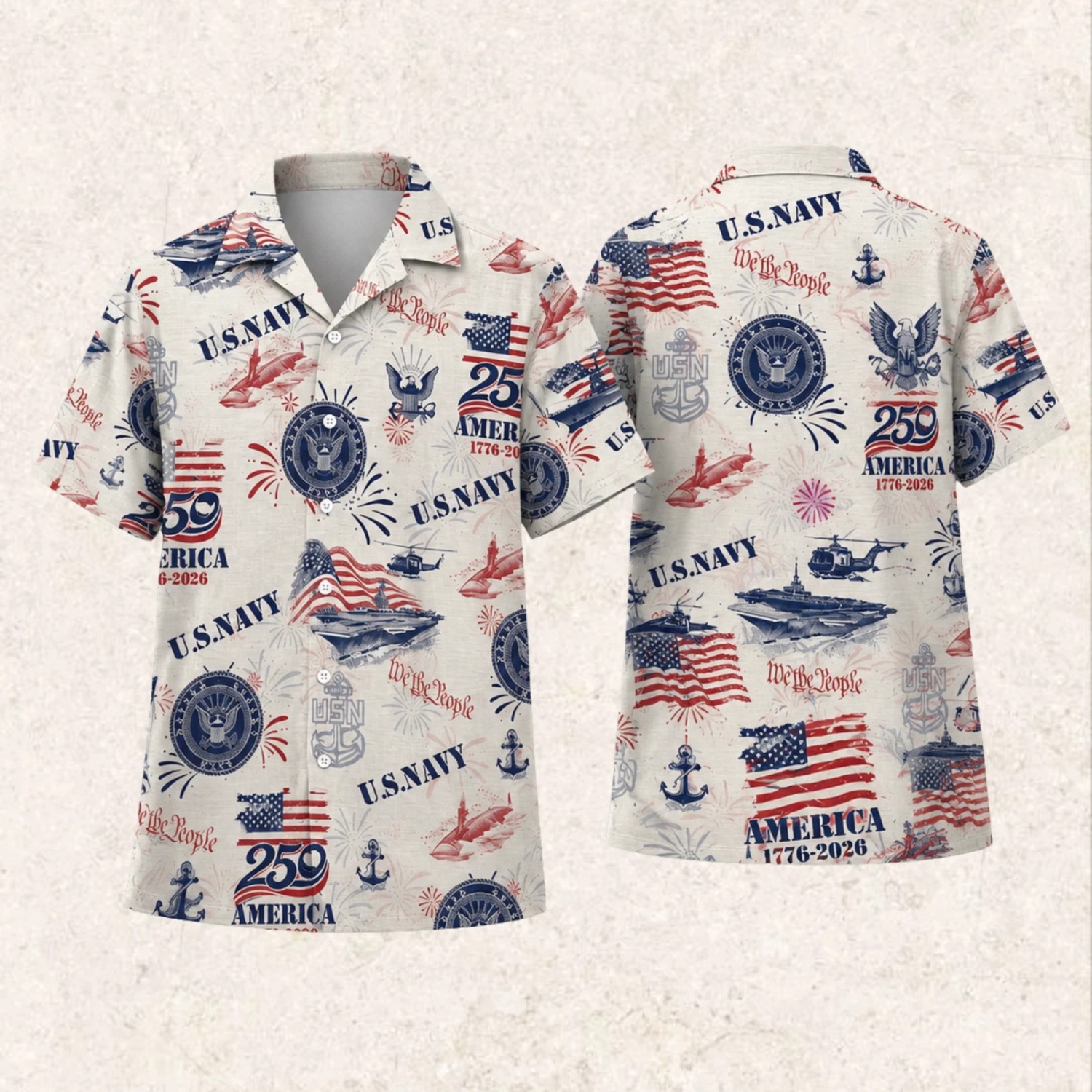 US Navy Patriotic Hawaiian Shirt USA 250th Anniversary 1776-2026 Aloha Men Butto