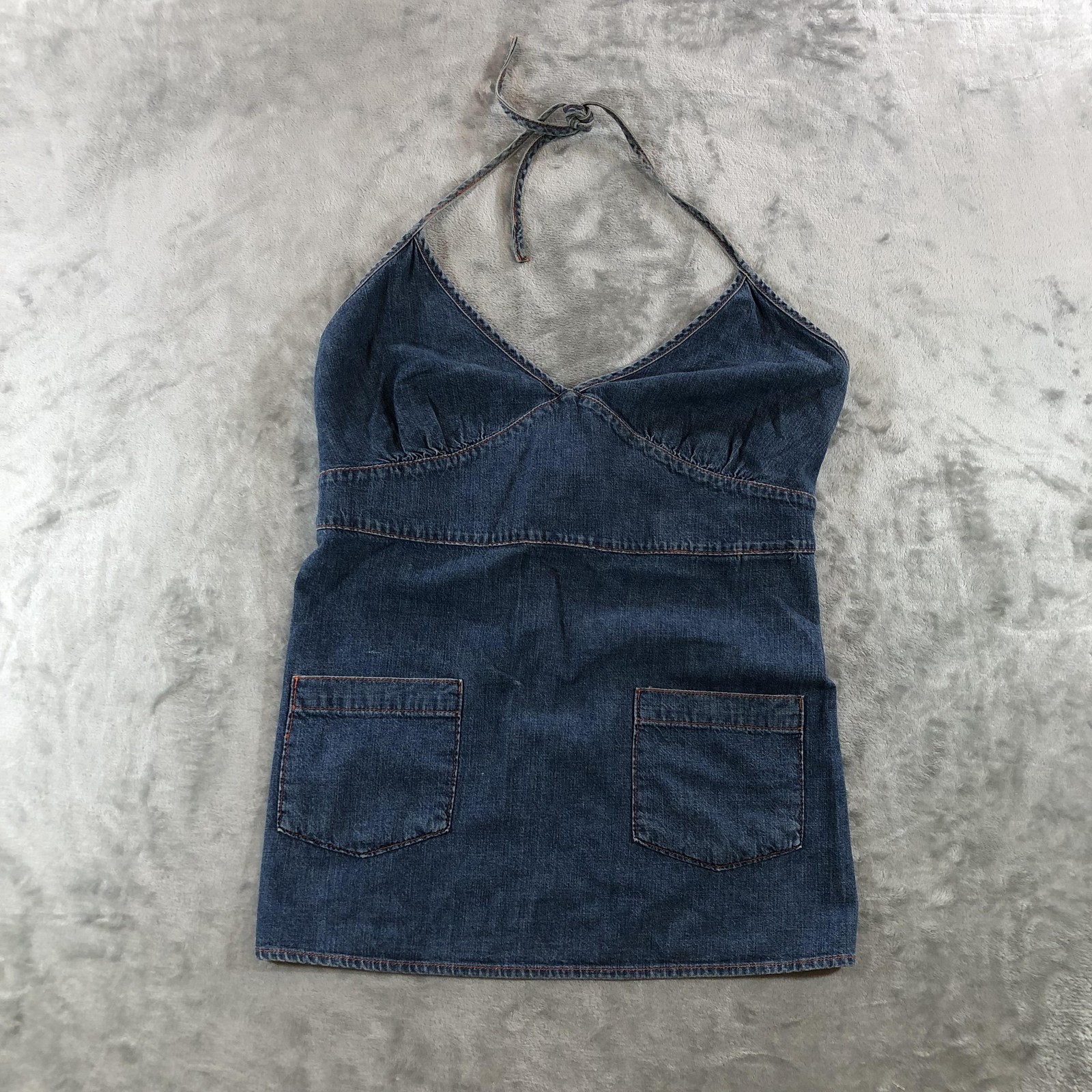 Vintage Gap Tank Top Womens Large Blue Denim Halter Tunic Pockets USA Y2K