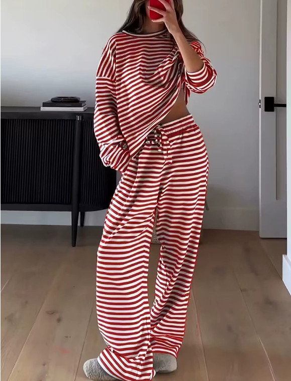 Unisex Striped 2Pcs Lounge Set Long Sleeve Top High Waist Pants