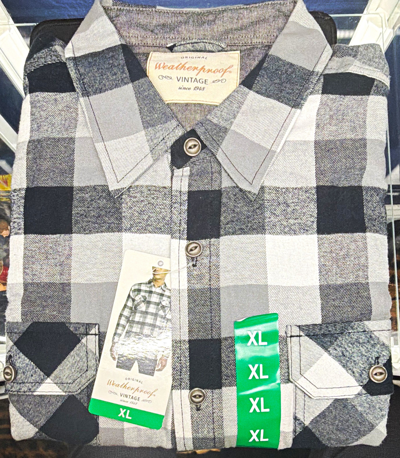 Weatherproof Vintage Men’s Plaid Flannel Button-Up Shirt w/ Pockets XL Gray