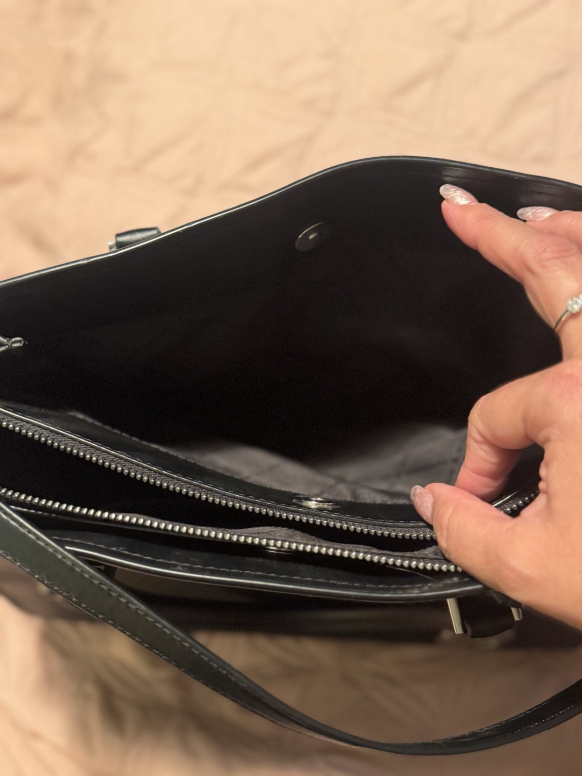 Michael Kors Black Medium Satchel Top Handle Zip, Logo Charm, Inner Pockets
