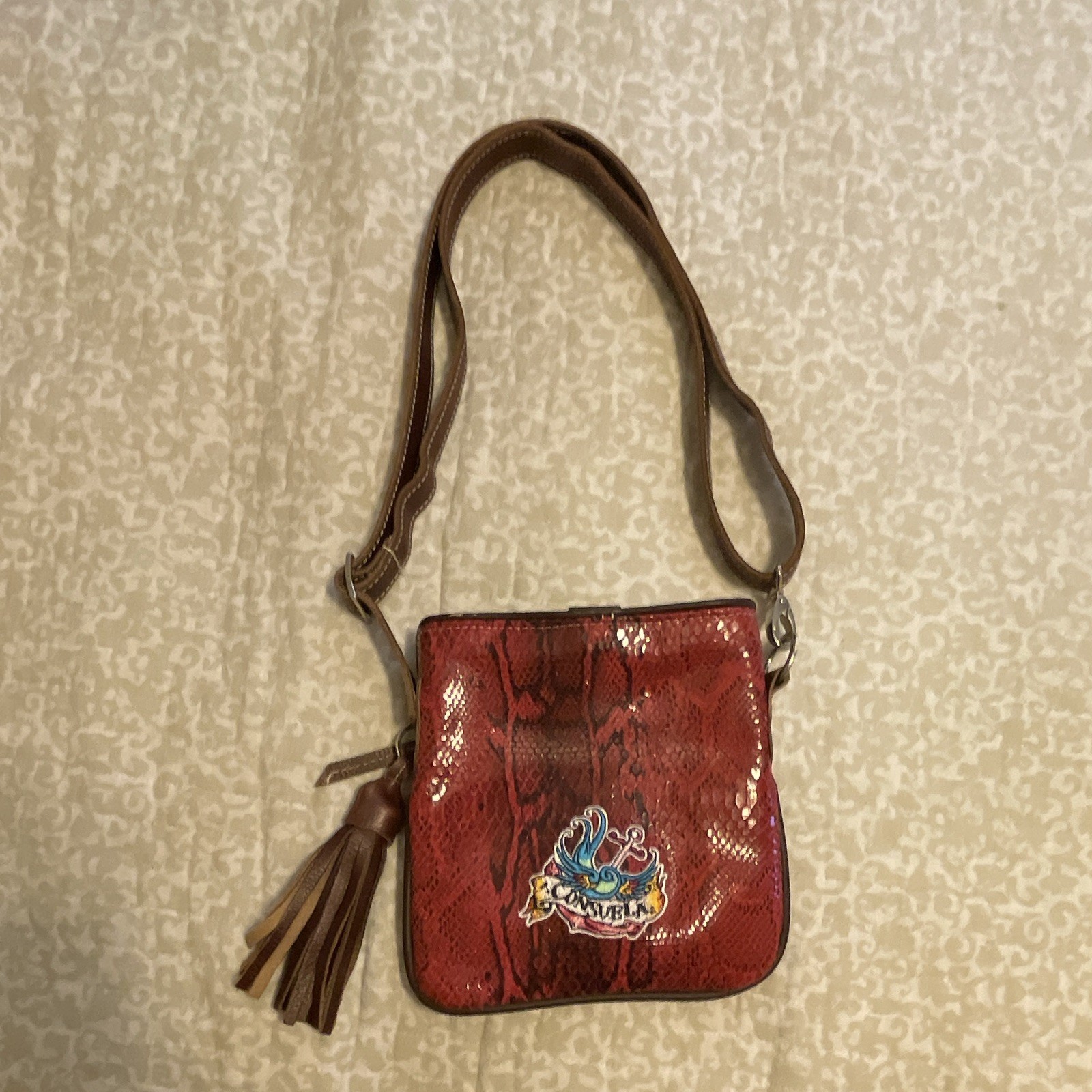 Consuela Red Snakeskin-Style Small Crossbody Bag Zip Tassel Detachable Strap