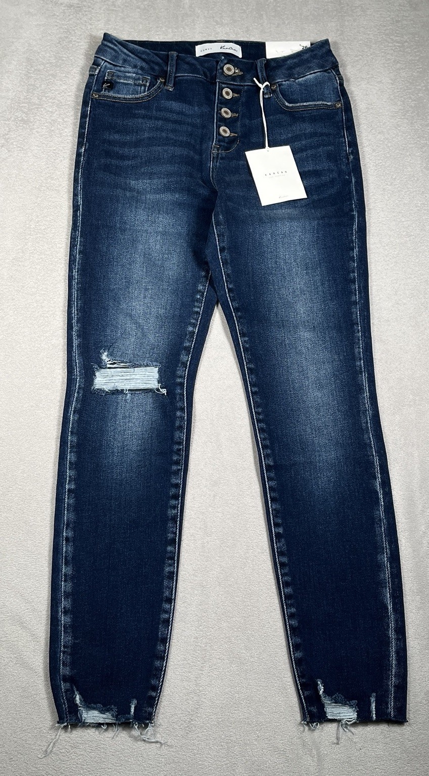 KanCan Curvy Skinny Jeans Women 5/26 Blue Distressed Exposed Button Fly *NWT