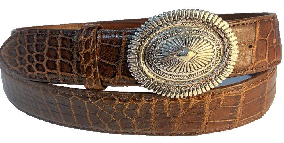 Sterling Silver .925 Hammered Concho Belt Buckle Genuine Alligator 44 Flemings