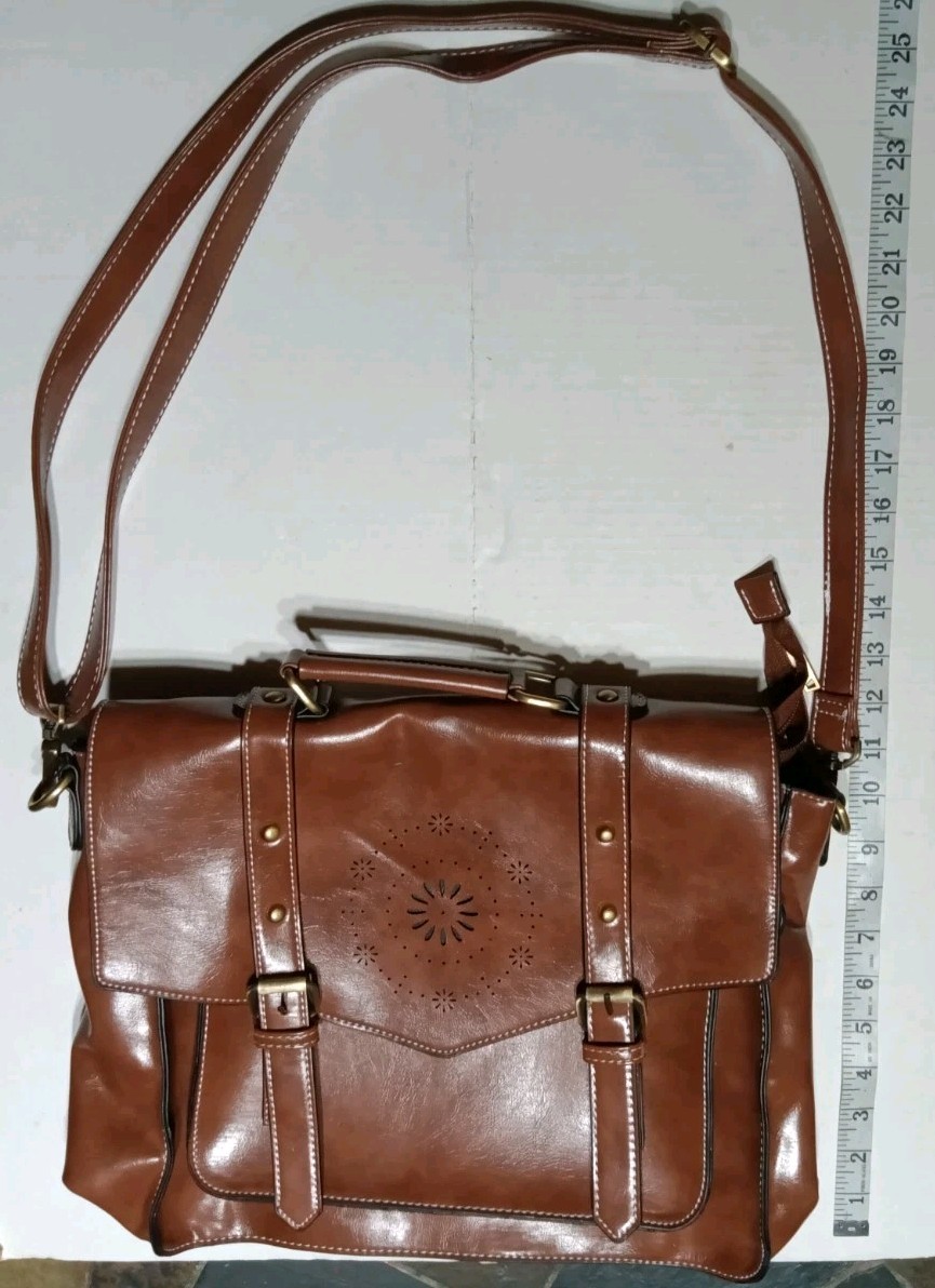 Ecosusi Cognac Vegan Leather Padded Laptop Shoulder Strap Messenger Bag EUC