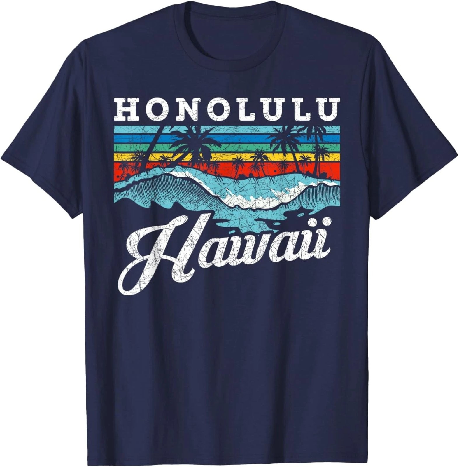 Hawaiian Surfing Waves Beach Honolulu Retro Summer Graphic Tee Mens