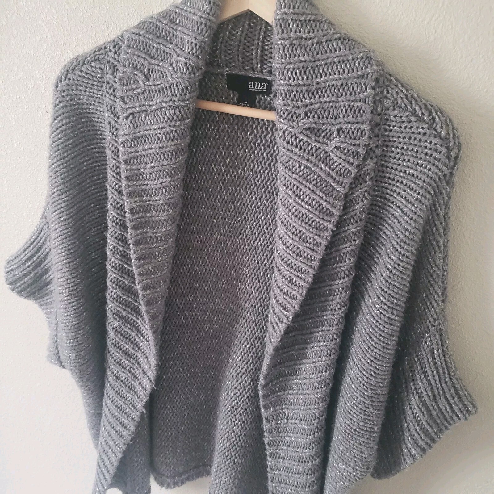 A.N.A Silver Gray Open Front Cardigan Sweater Medium Chunky Knit Metallic Accent