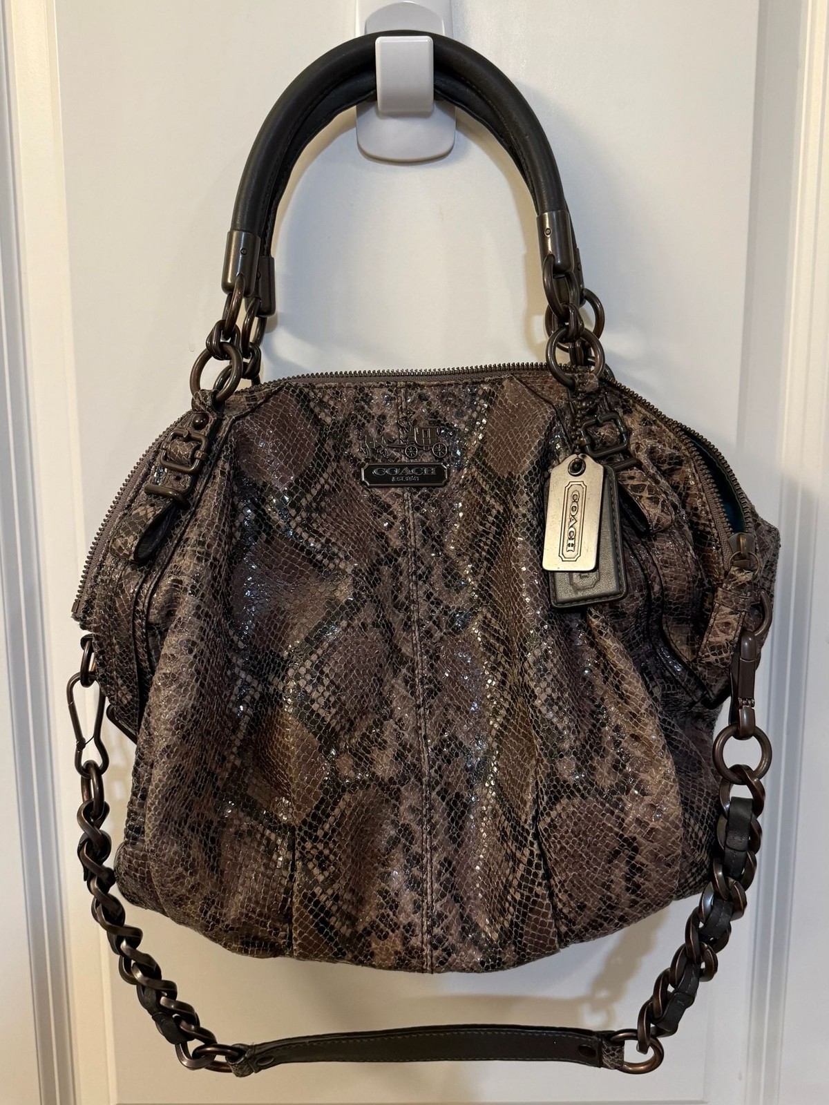 Coach Madison Sophia Python Embossed Leather Satchel with Chain Strap