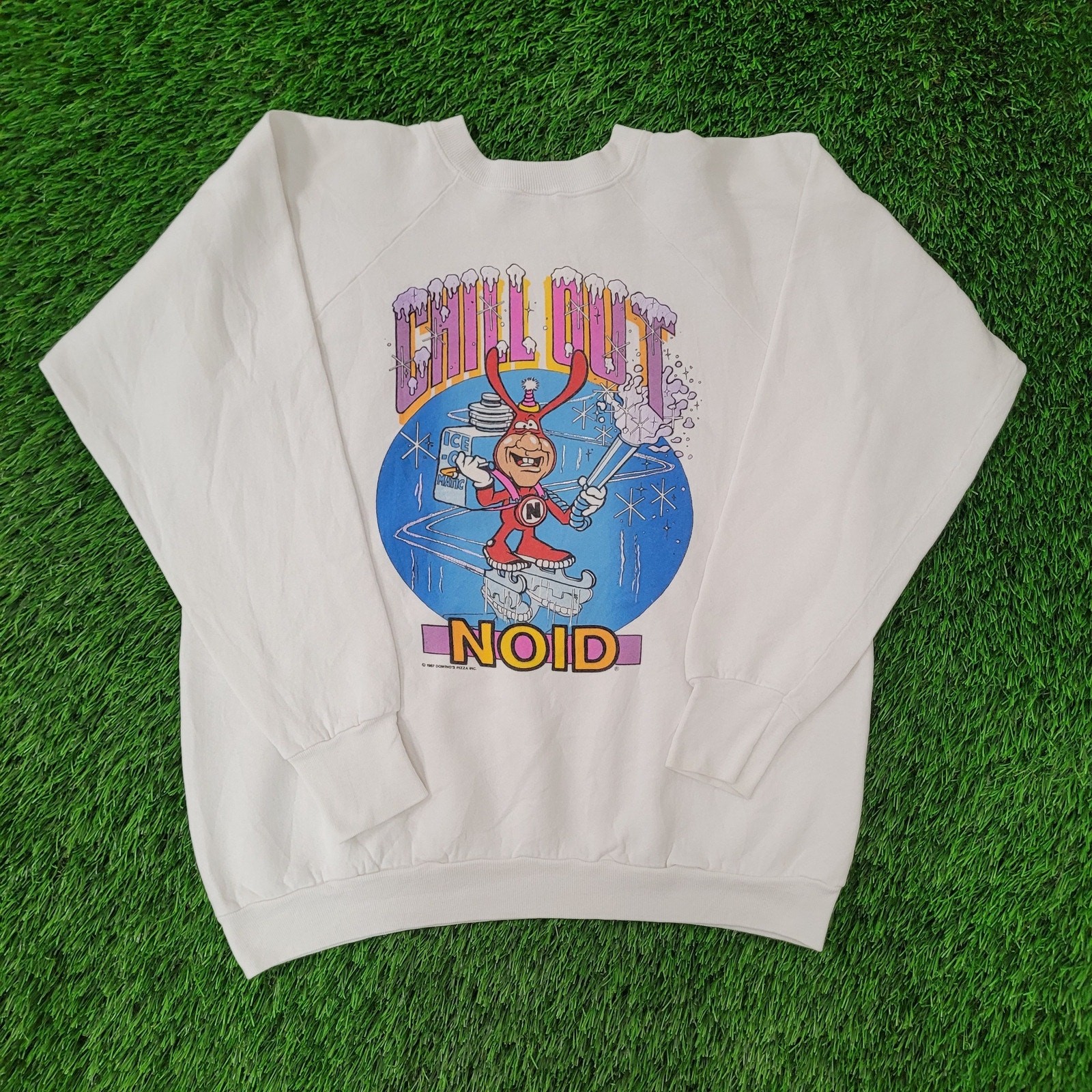 Vintage 1987 Funny Noid Sweatshirt Womens XL 22×22 Boxy Crop USA Dominos Pizza