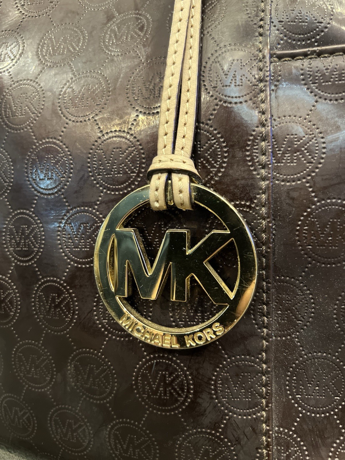 Michael Kors Brown Logo Tote Shoulder Bag w/ MK Charm, Medium, Inner Pockets