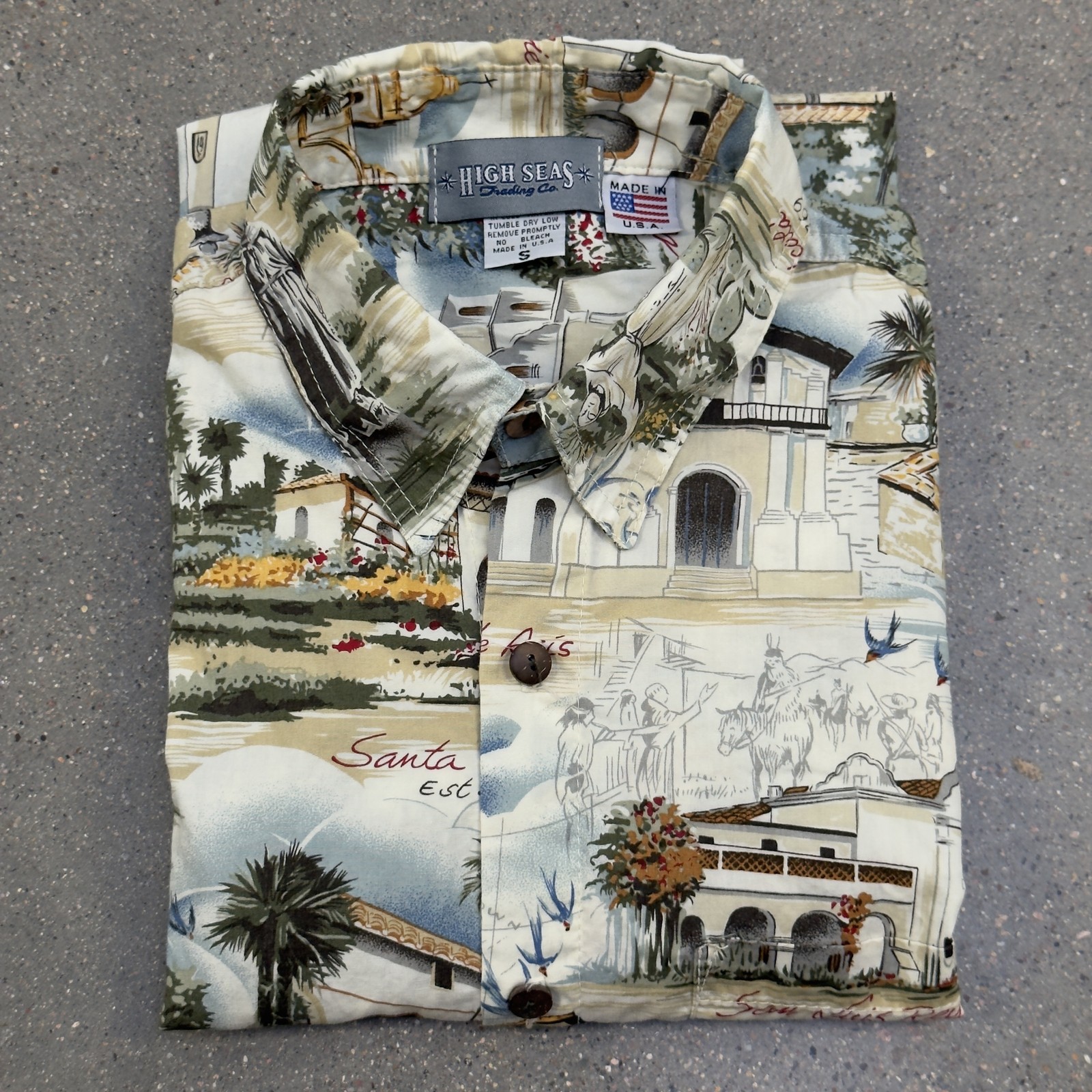 Vtg 90s High Seas Trading Co Shirt Mens S California Missions Map USA Aloha AOP