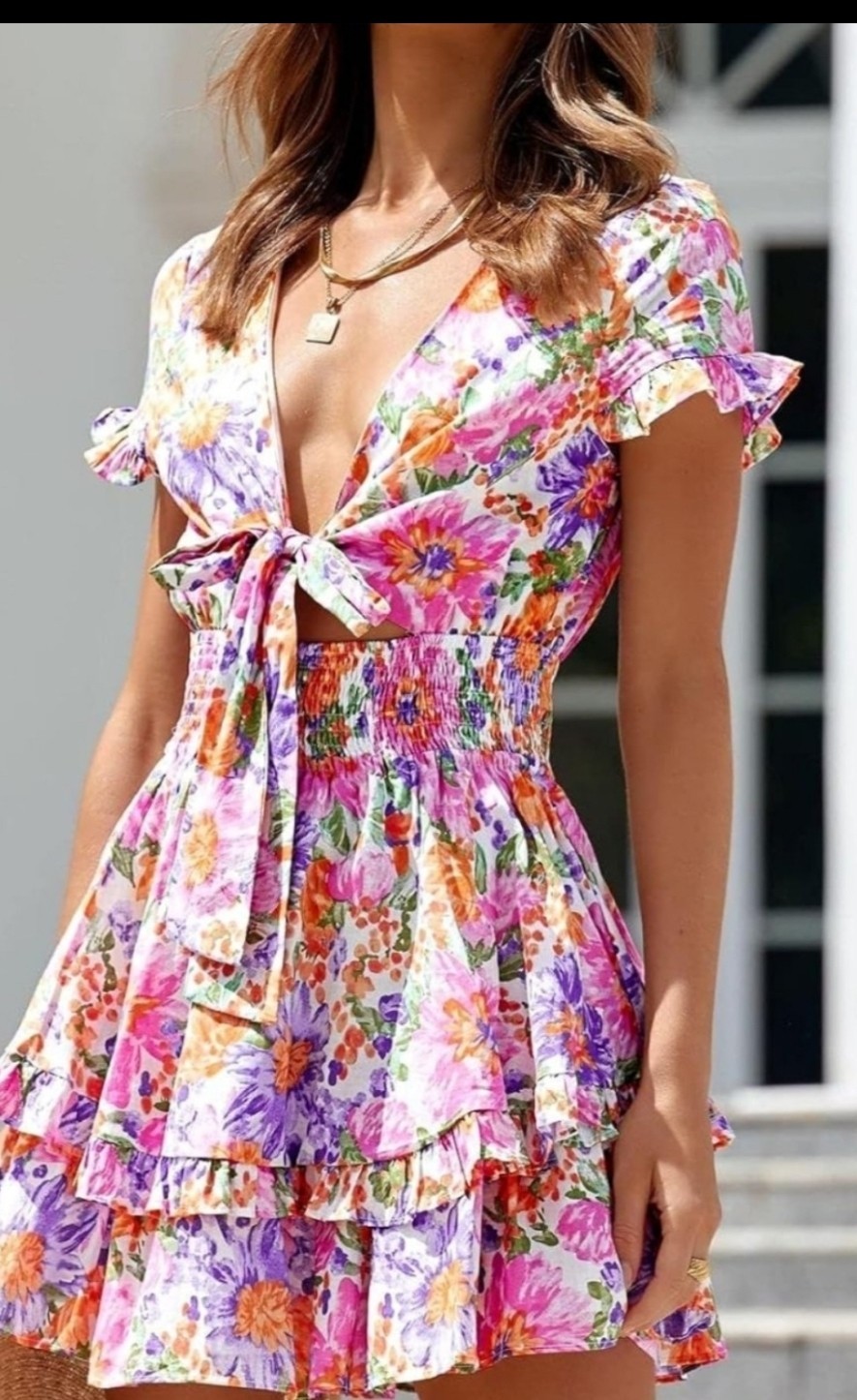 pretty garden Floral Multicolor V-Neck Tie Front Ruffle Smocked Mini Dress L/XL