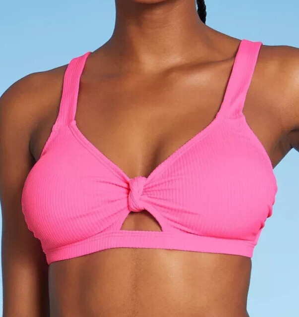 Juniors Ribbed Knot Front Bralette Bikini Top – Xhilaration Bright Pink Size D