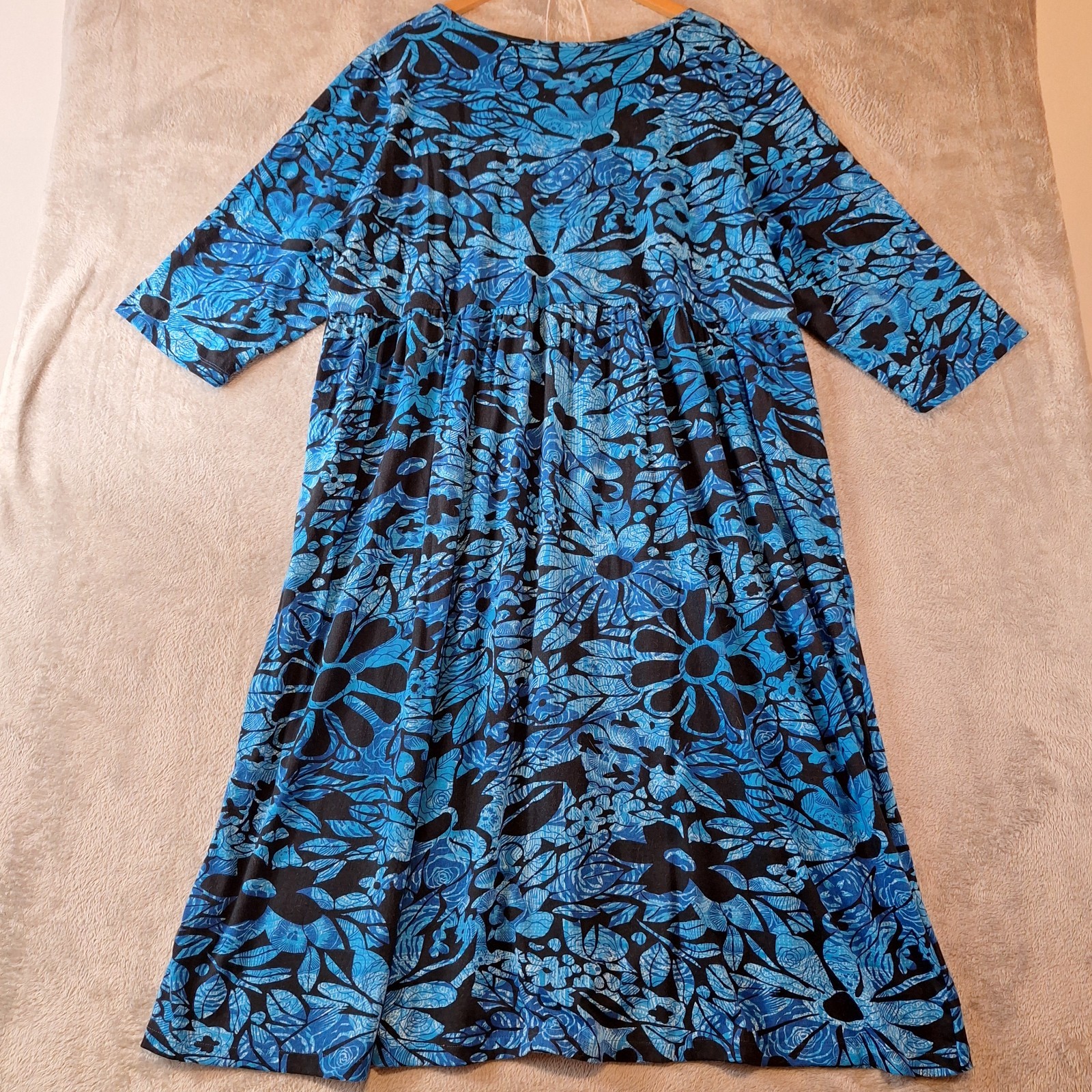 Ulla Popken Knit Dress Womens 24 26 Blue 3/4 Sleeve Floral Cotton Midi House