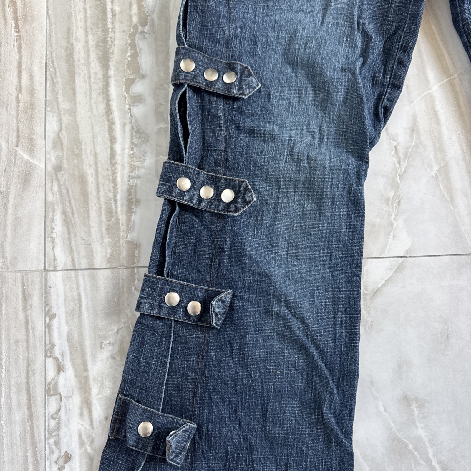 Vintage Buckle Up Side Split Leg Anti Flare Y2K Dark Wash Jeans Sz 11