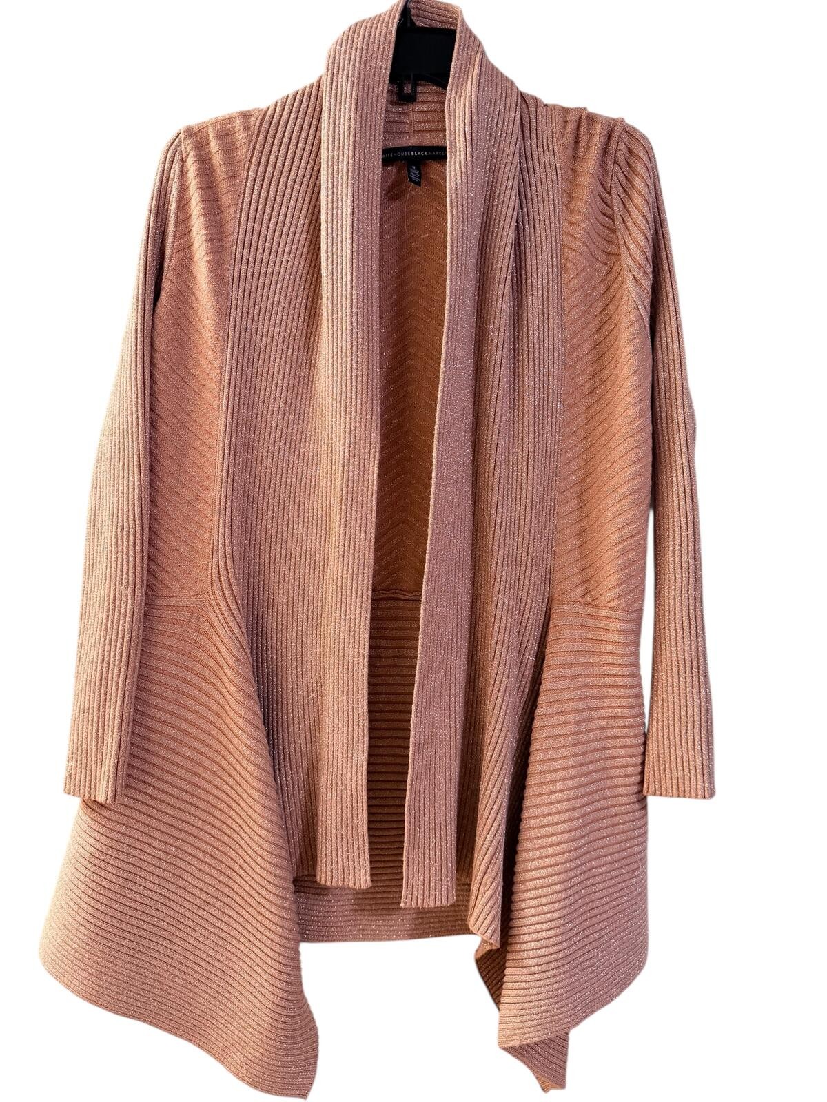 White House Black Market Blush Pink Open Front Metallic Ribbed Cardigan Sweater