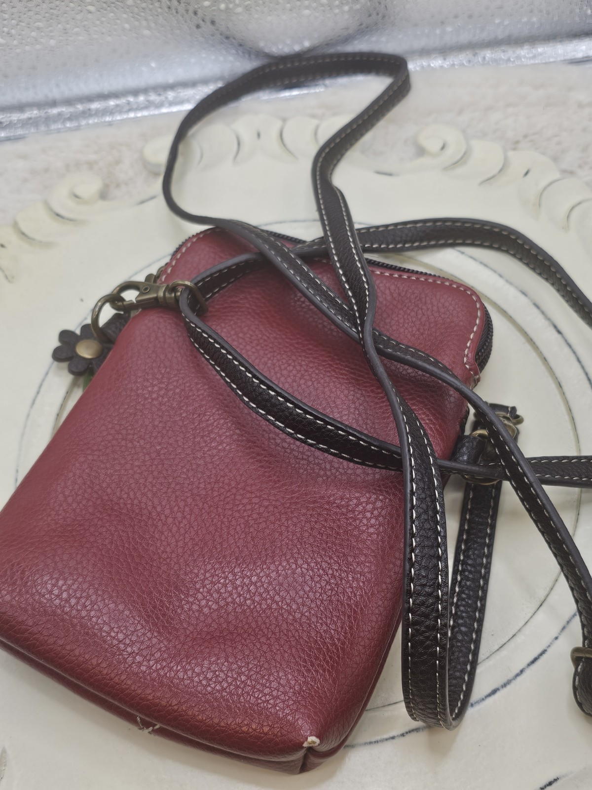 Chala Burgundy Bird Crossbody Bag Small Zip Closure Flower Charm