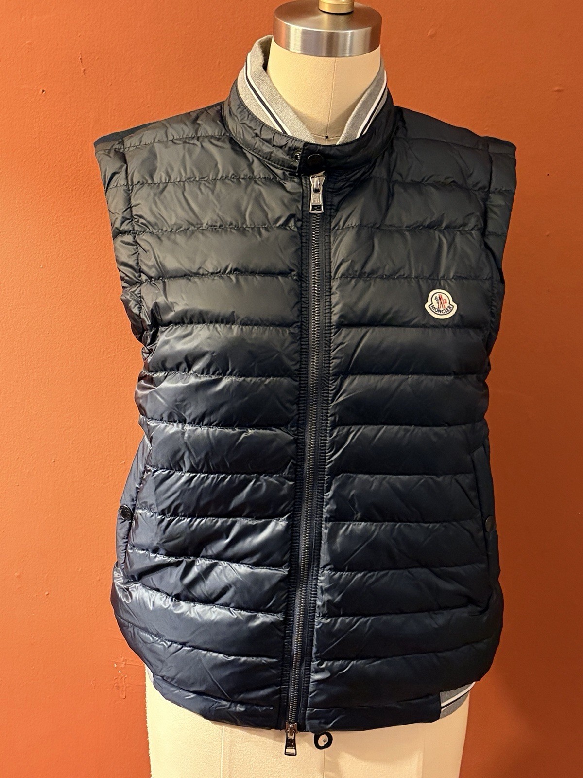 MONCLER Maglia Gilet Puffer Vest Mens Size M Navy Blue Down Filled Full Zip