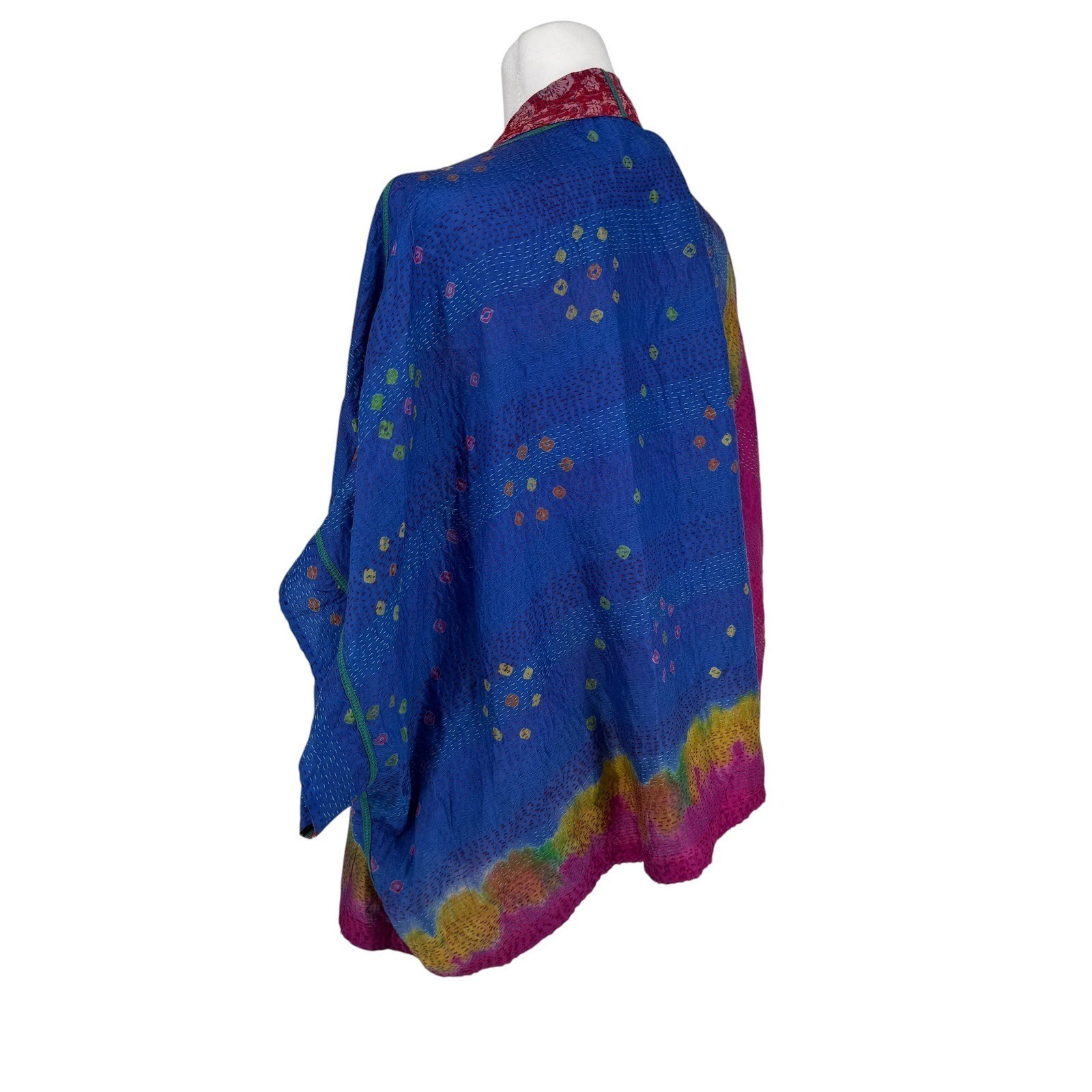 Mieko Mintz Reversible 100% Silk Kantha Jacket Red Blue Floral Bandhani OS India