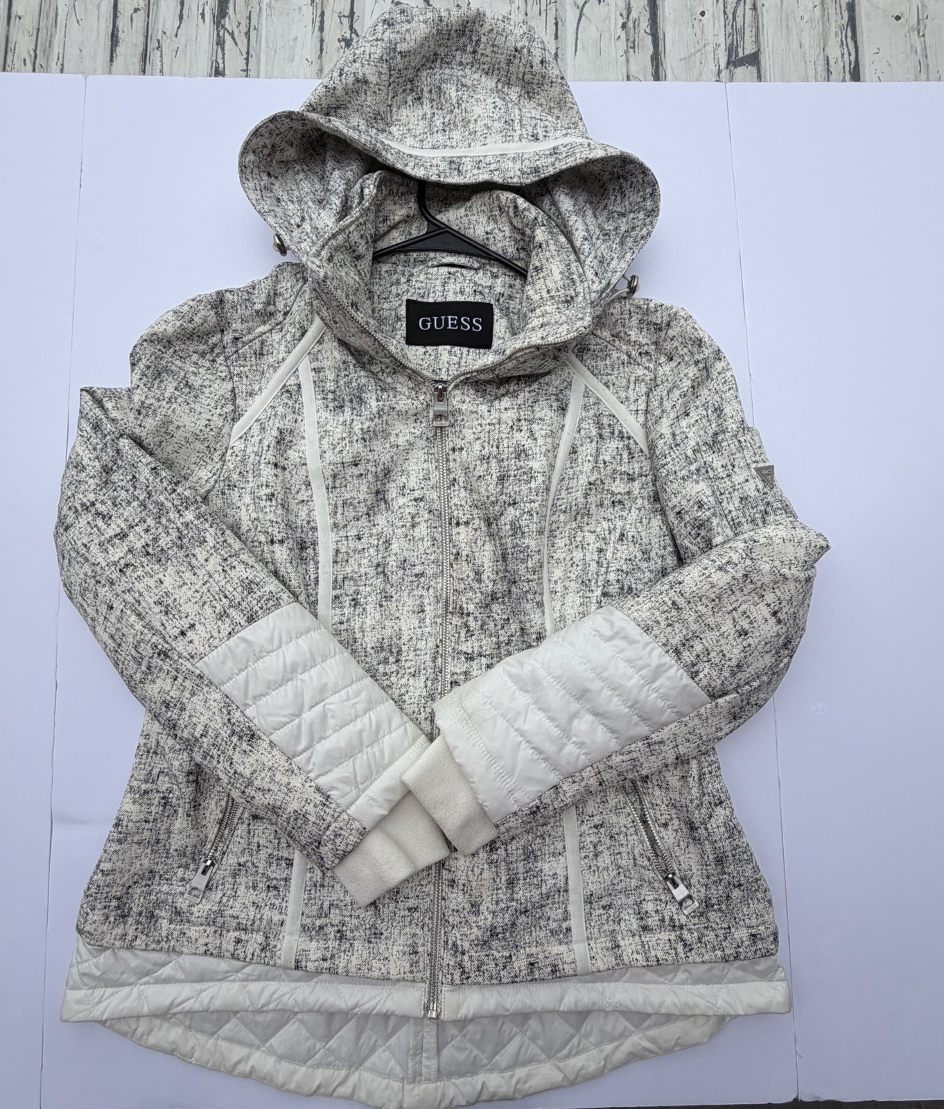 GUESS Women’s Textured Tweed Hooded Jacket with Quilted Details