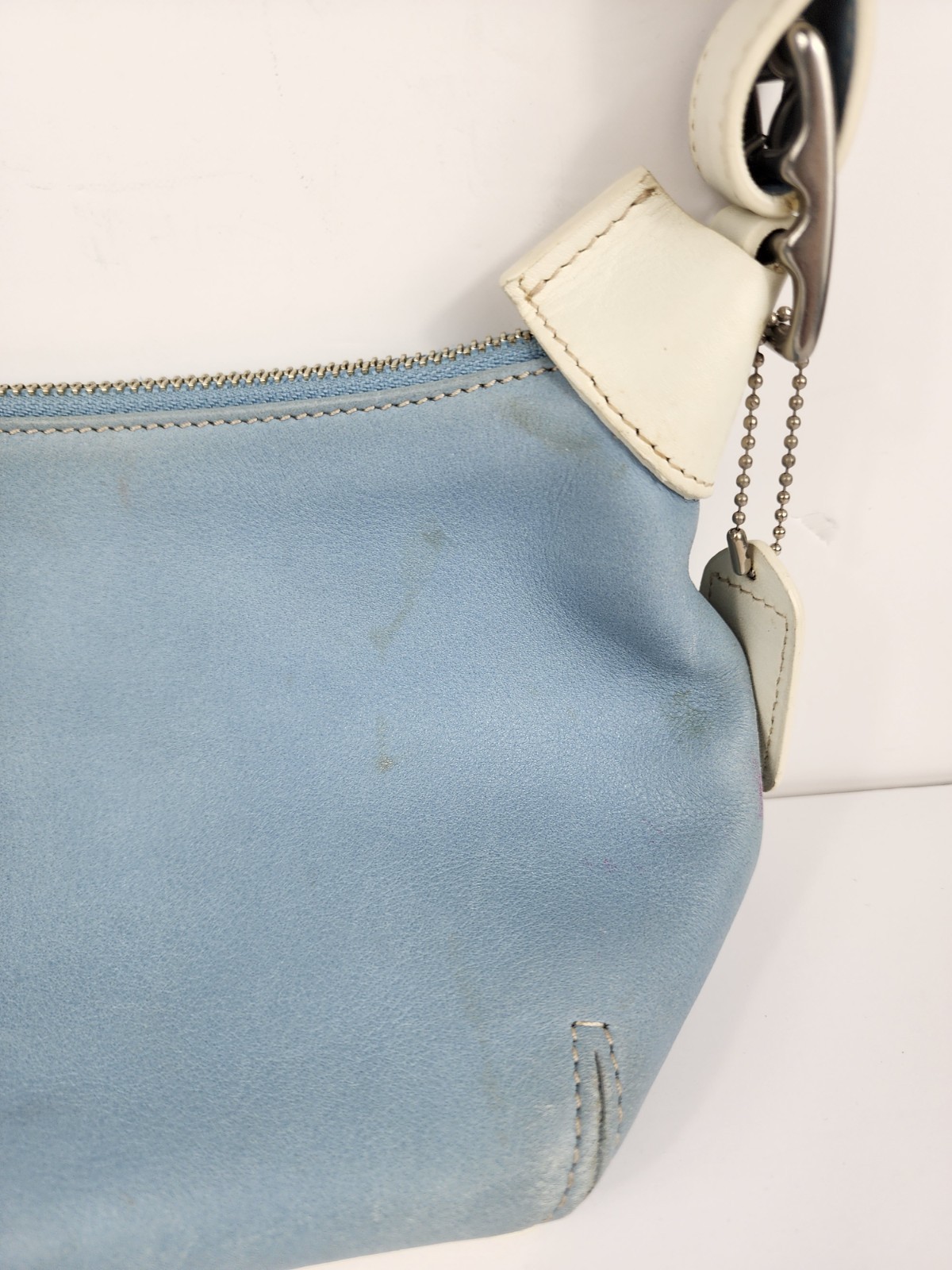 Vintage Coach 9564 Blue Leather Ergo Shoulder Bag Purse White Trim Hobo Baguette