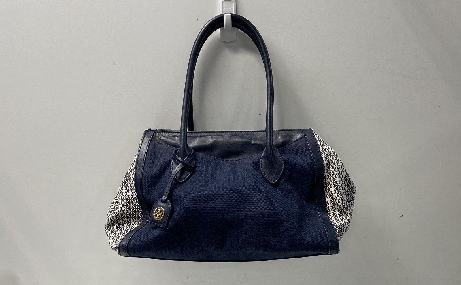Tory Burch Navy Blue Canvas Leather Patterned Tote Bag Gold Hardware w/ Strap