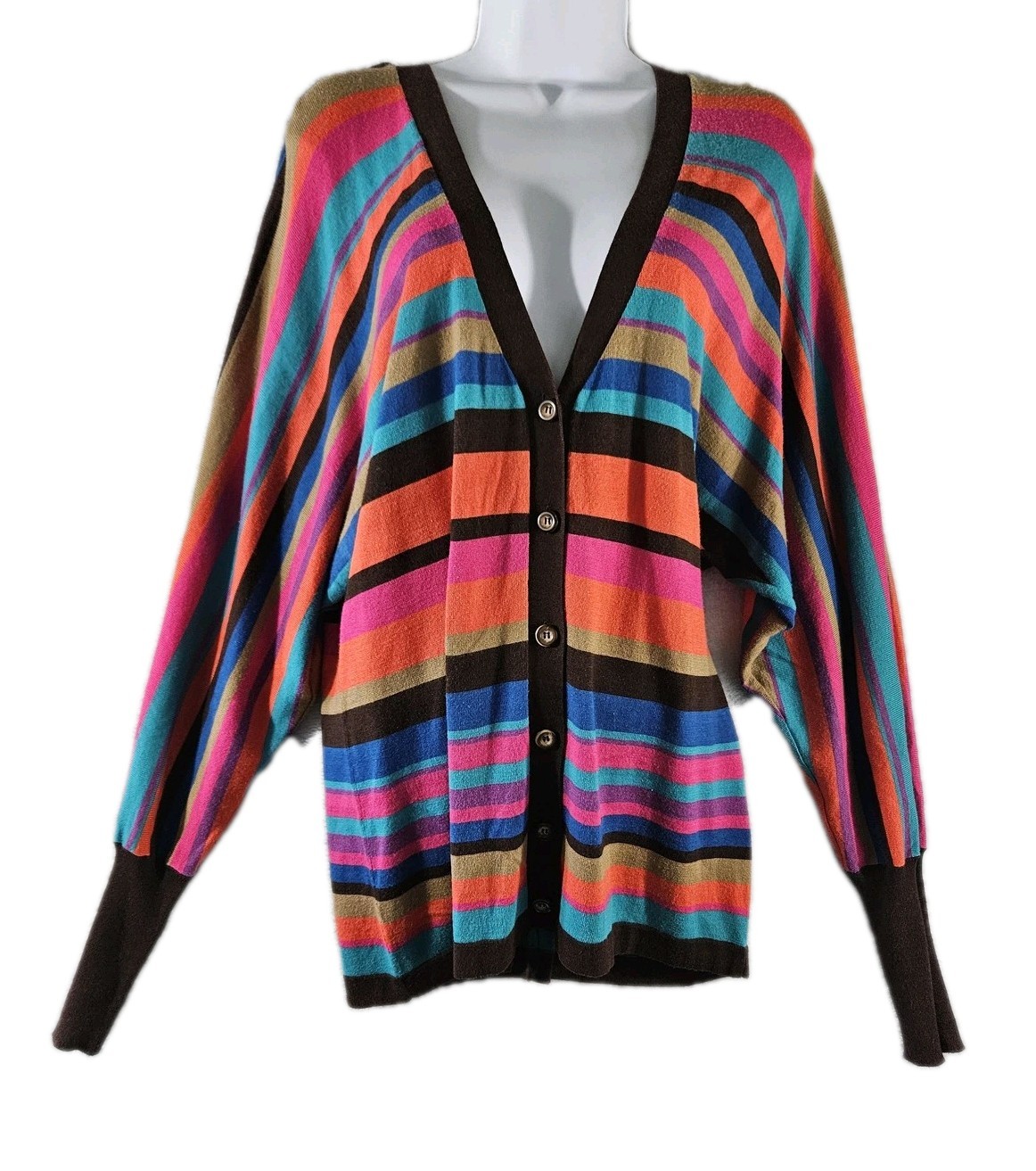 Trina Turk Sweater Med Womens Striped Button Cardigan Retro Batwing Art Viscose