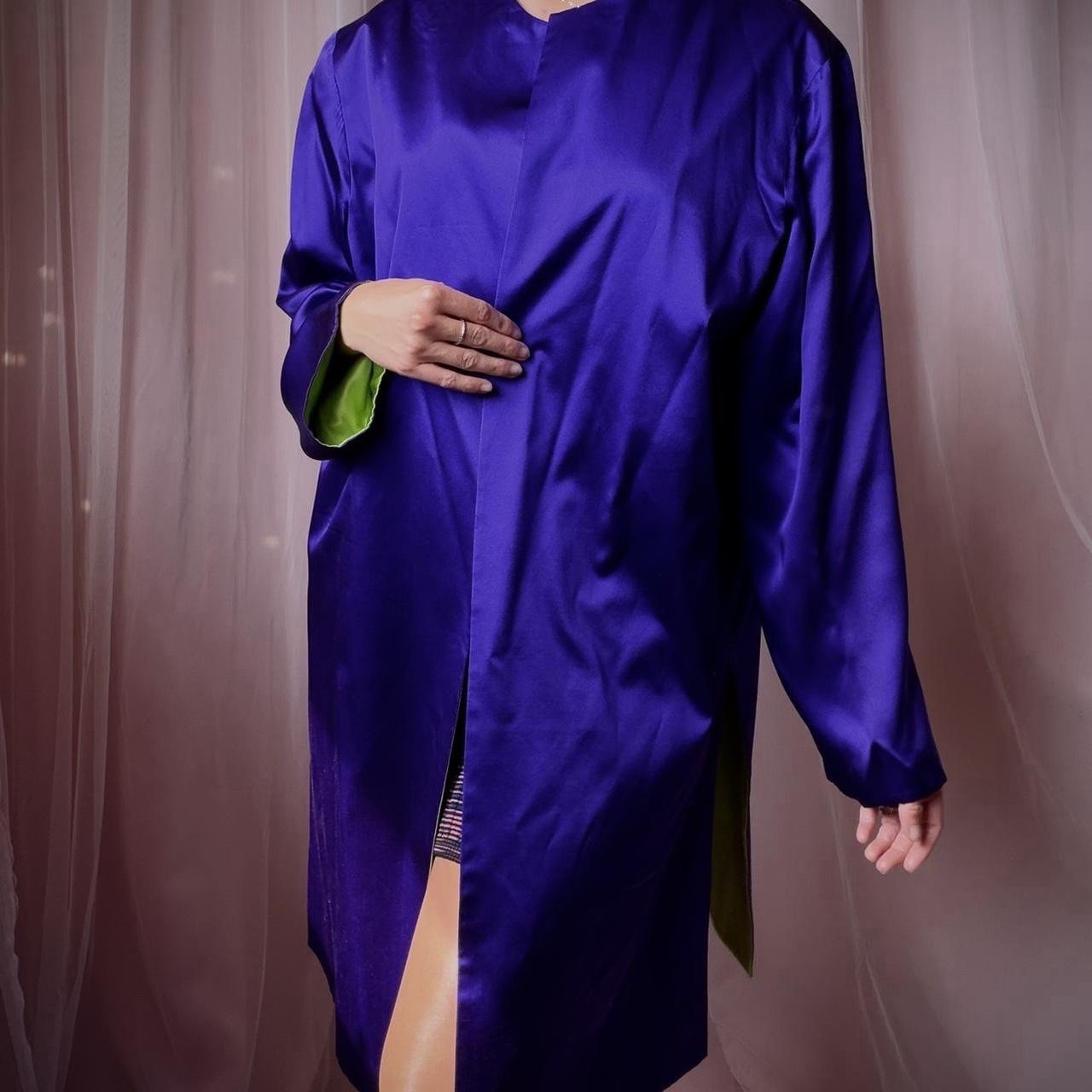 1960s Absinthe Green & Violet Silk Reversible Robe Coat
