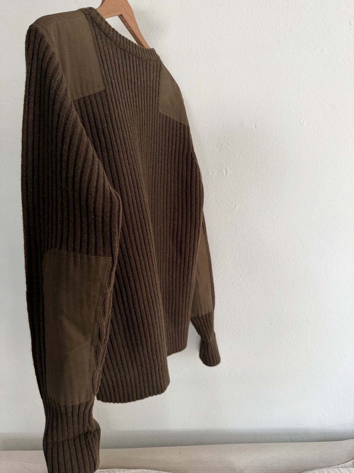 Vintage LL Bean Commando Sweater Mens L 100% Merino Lambs Wool Patches Military