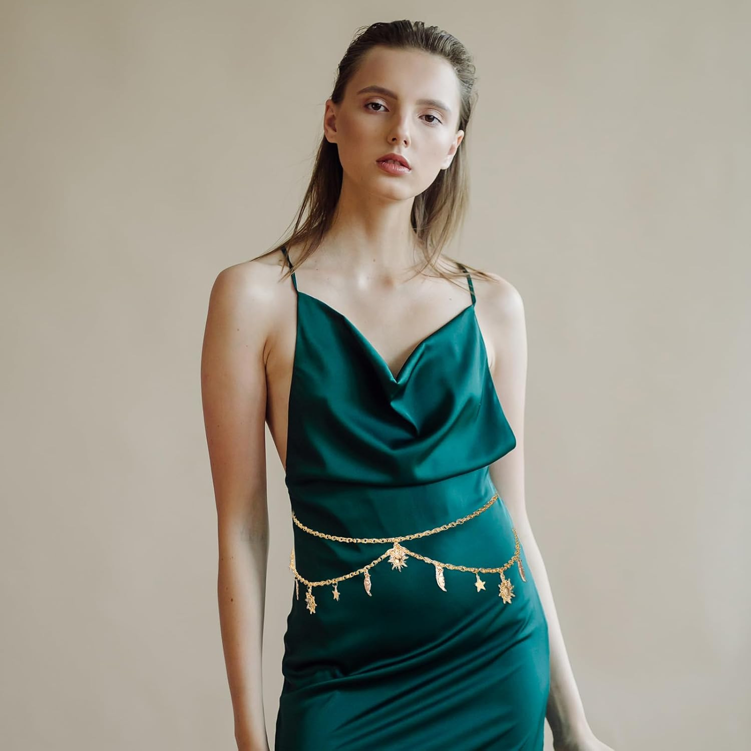 Gold Chain Belt Metal Adjustable Waist Link Belt Multilayer Skinny Chain Waistba