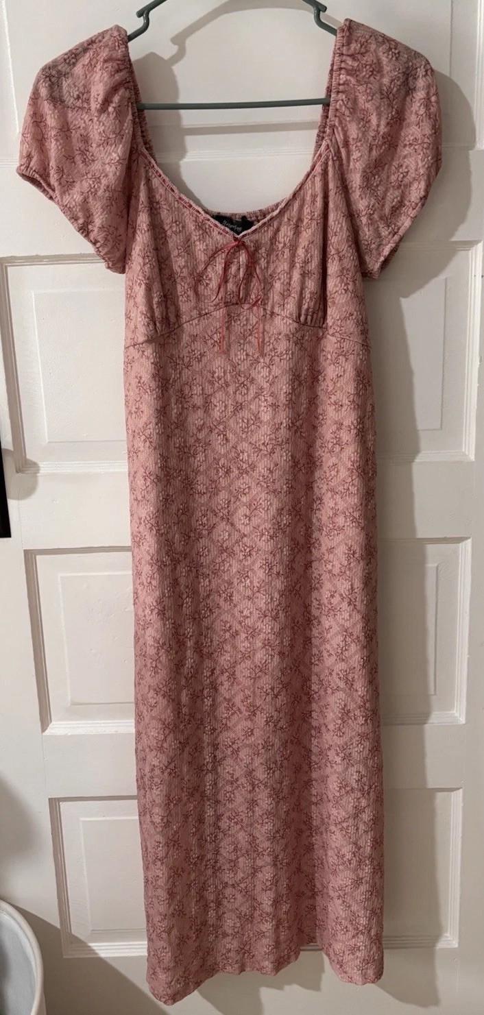 Hesperus Pink Floral Lace Lined Bow Scoop Neck Puff Sleeve Maxi Dress L