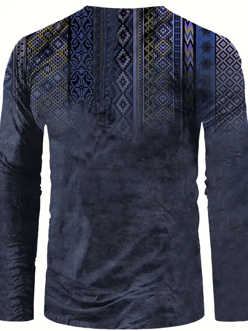Blue Bohemian Vintage String Henley Tee Holiday Fashion Men’s Long Sleeve V Neck