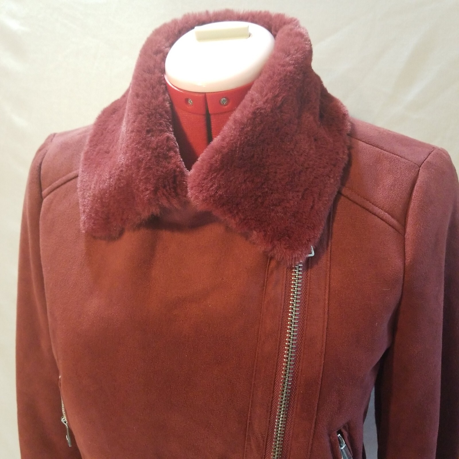 Womens Biker Faux Suede Maroon Red Moto Jacket Furry Lining PLEASE SEE DESCRIPTI