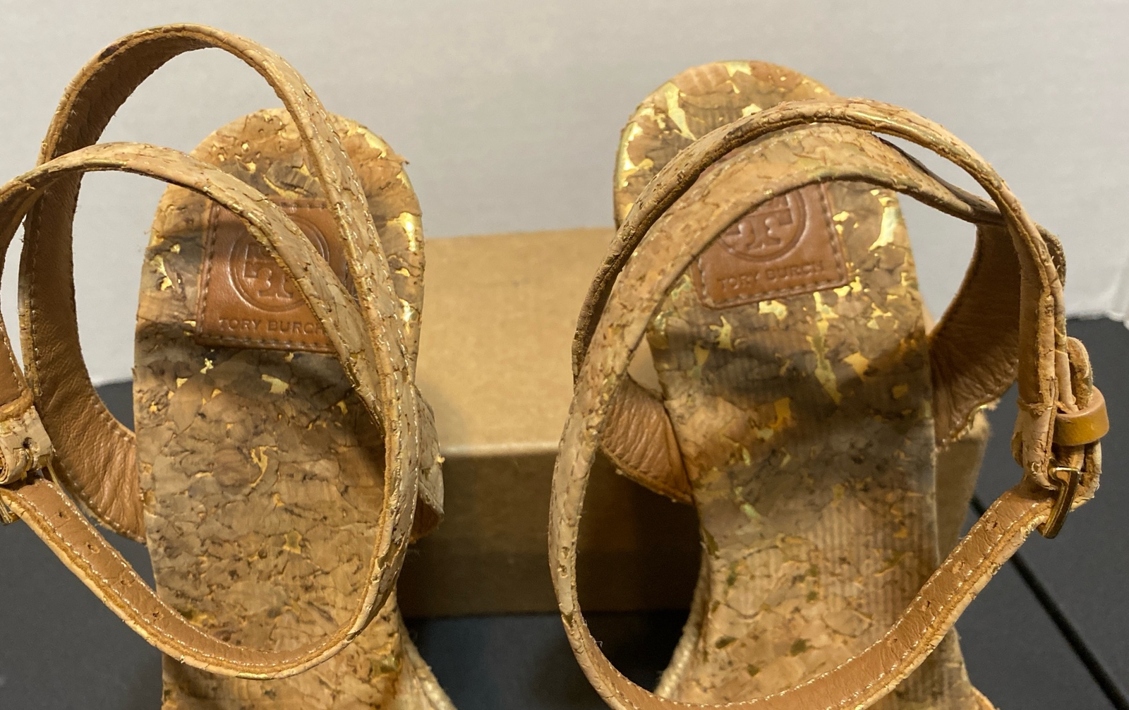 TORY BURCH Quilted Cork W/Gold Espadrille Wedge MARION Sandals Ankle Wrap Sz 6 M