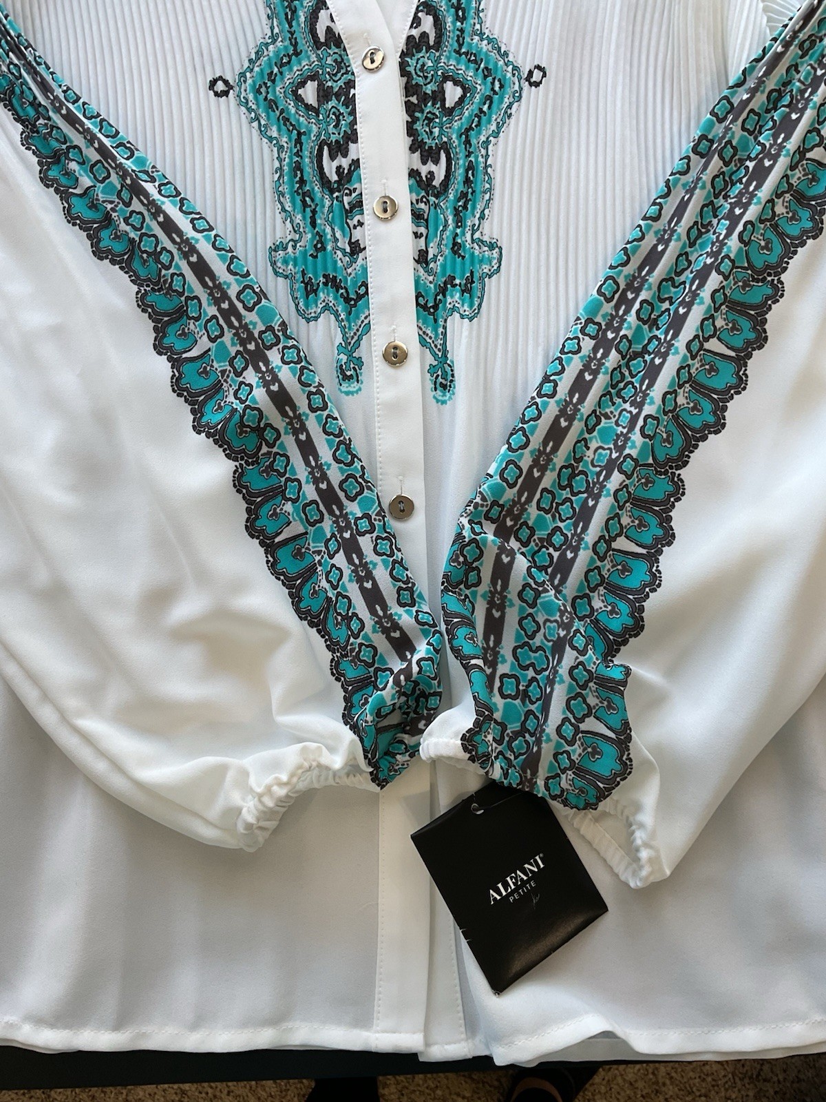 Alfani Petite Turquoise And White Tunic Buttons Small Pull NWT SZ 14 P LONG SLVS