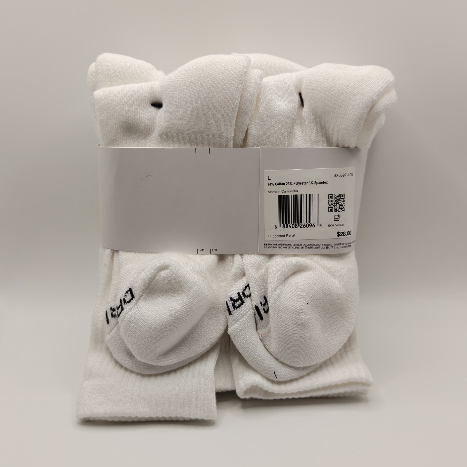 Nike Dri-Fit Training Everyday Plus Cushioned Crew Socks White 6 Pairs Size L