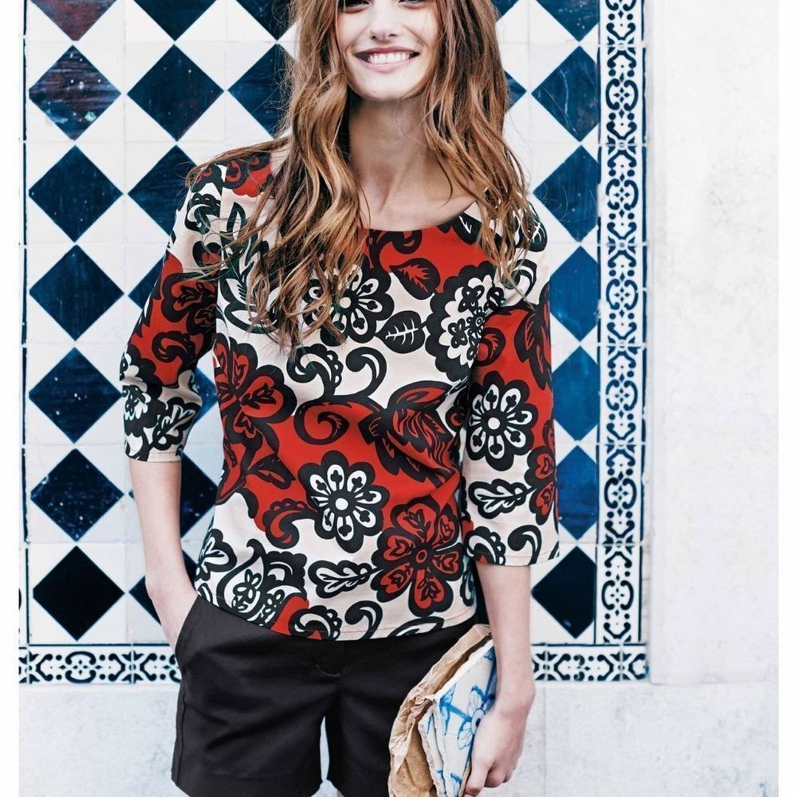 BODEN Red Floral 3/4 Sleeve Ursula Top Blouse size 12