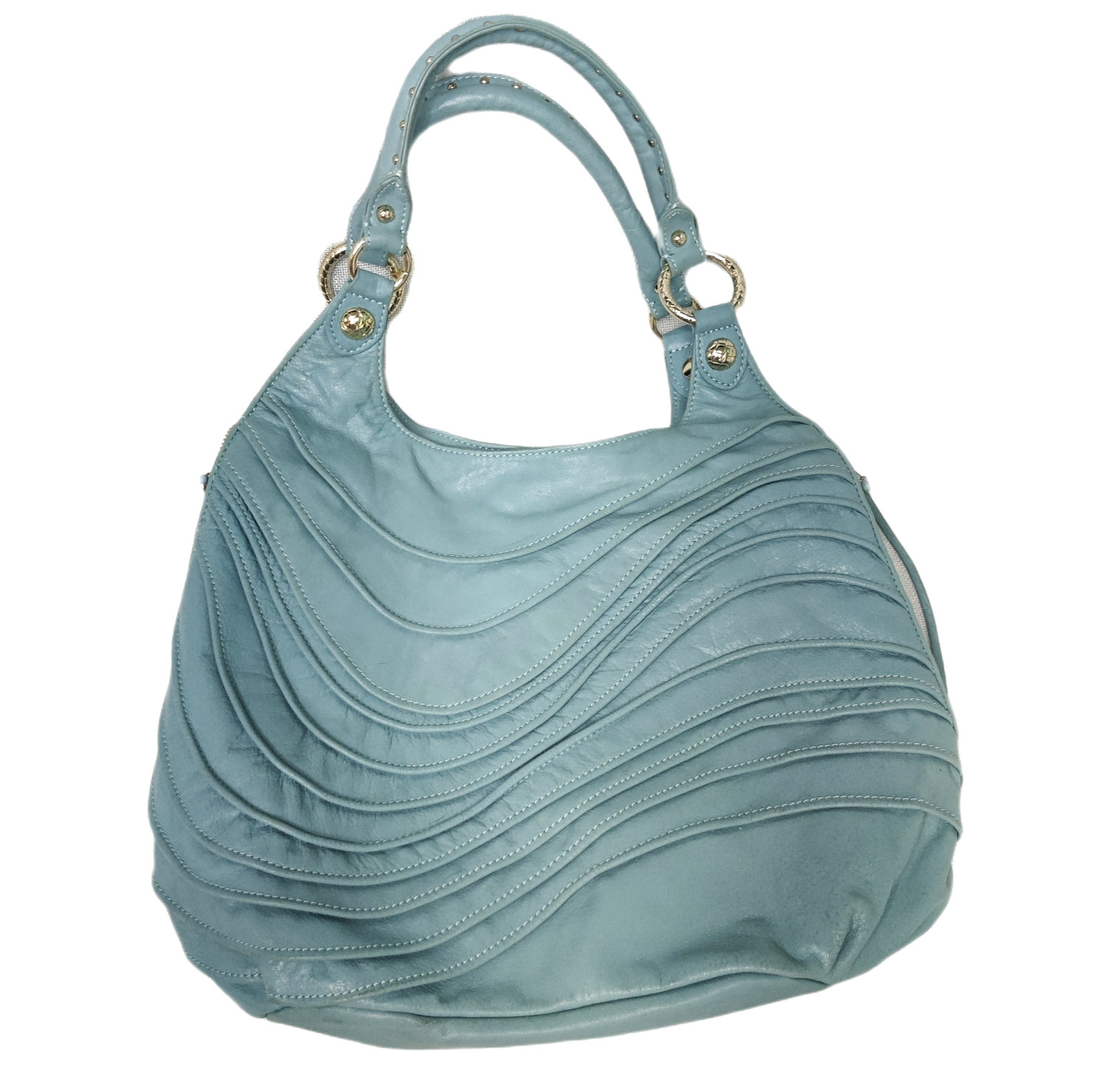 Elliott Lucca Hobo Sholder Bag Womens Light Blue Leather Pleated Wave