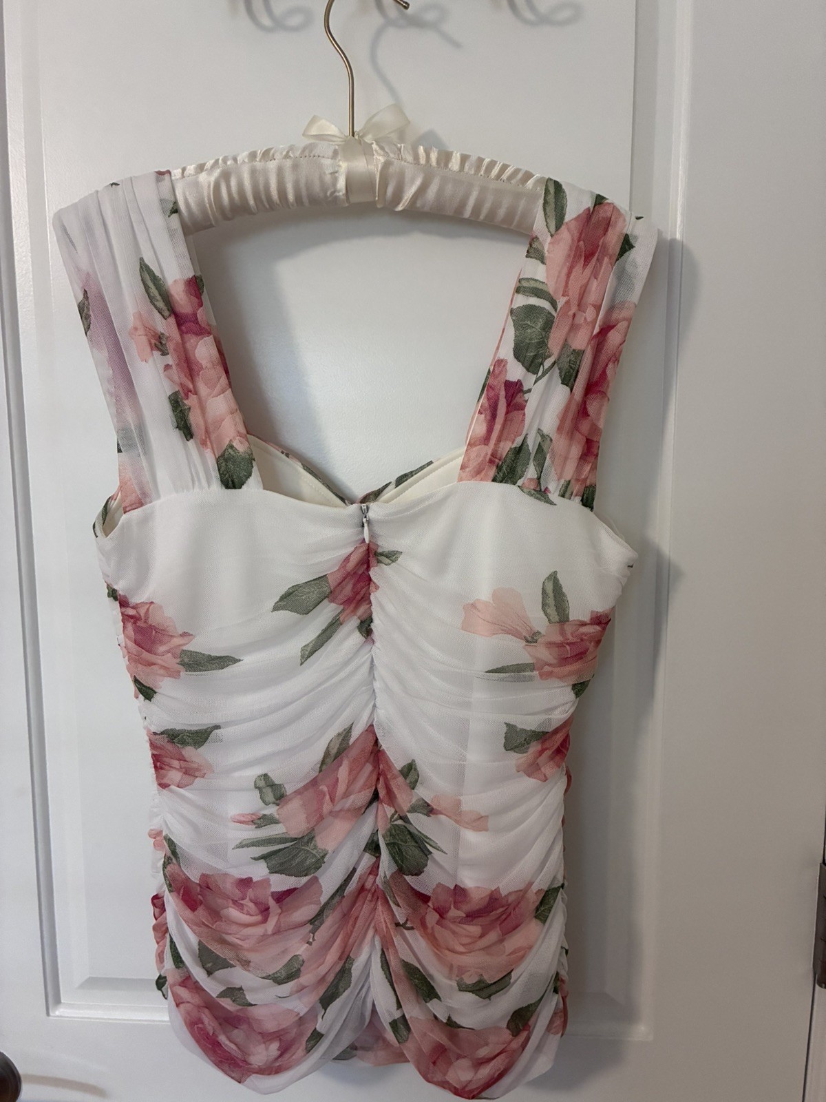 Venus Floral Mesh Ruched Sweetheart Neckline Top Pink Rose Sleeveless Blouse L